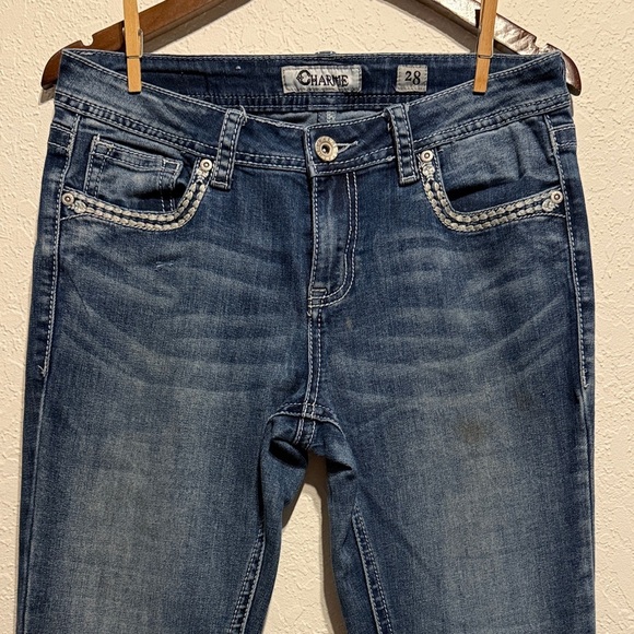 Charme Indigo Boot Cut Jeans Two Tone Raw Hem Distressed Embroidered Pockets 28 - Picture 3 of 12